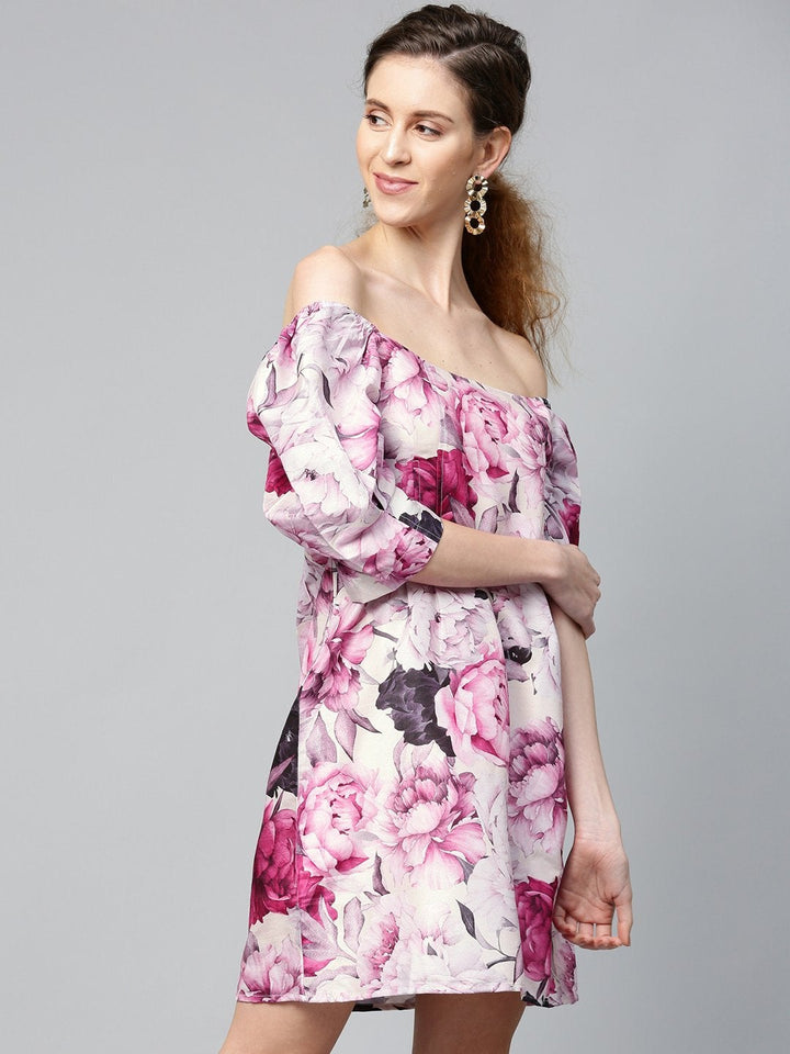Women's Pink Floral Puff Sleeve Shift Dress - SASSAFRAS