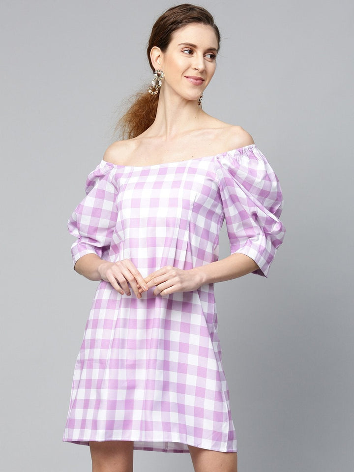 Women's Lavender Check & White Puff Sleeve Shift Dress - SASSAFRAS