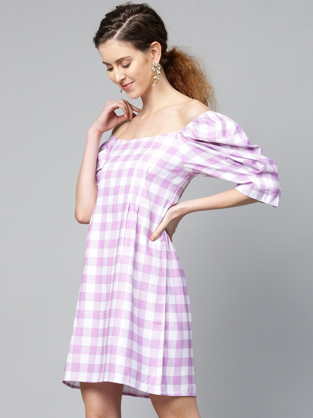 Women's Lavender Check & White Puff Sleeve Shift Dress - SASSAFRAS