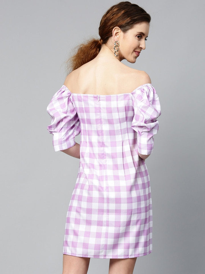 Women's Lavender Check & White Puff Sleeve Shift Dress - SASSAFRAS