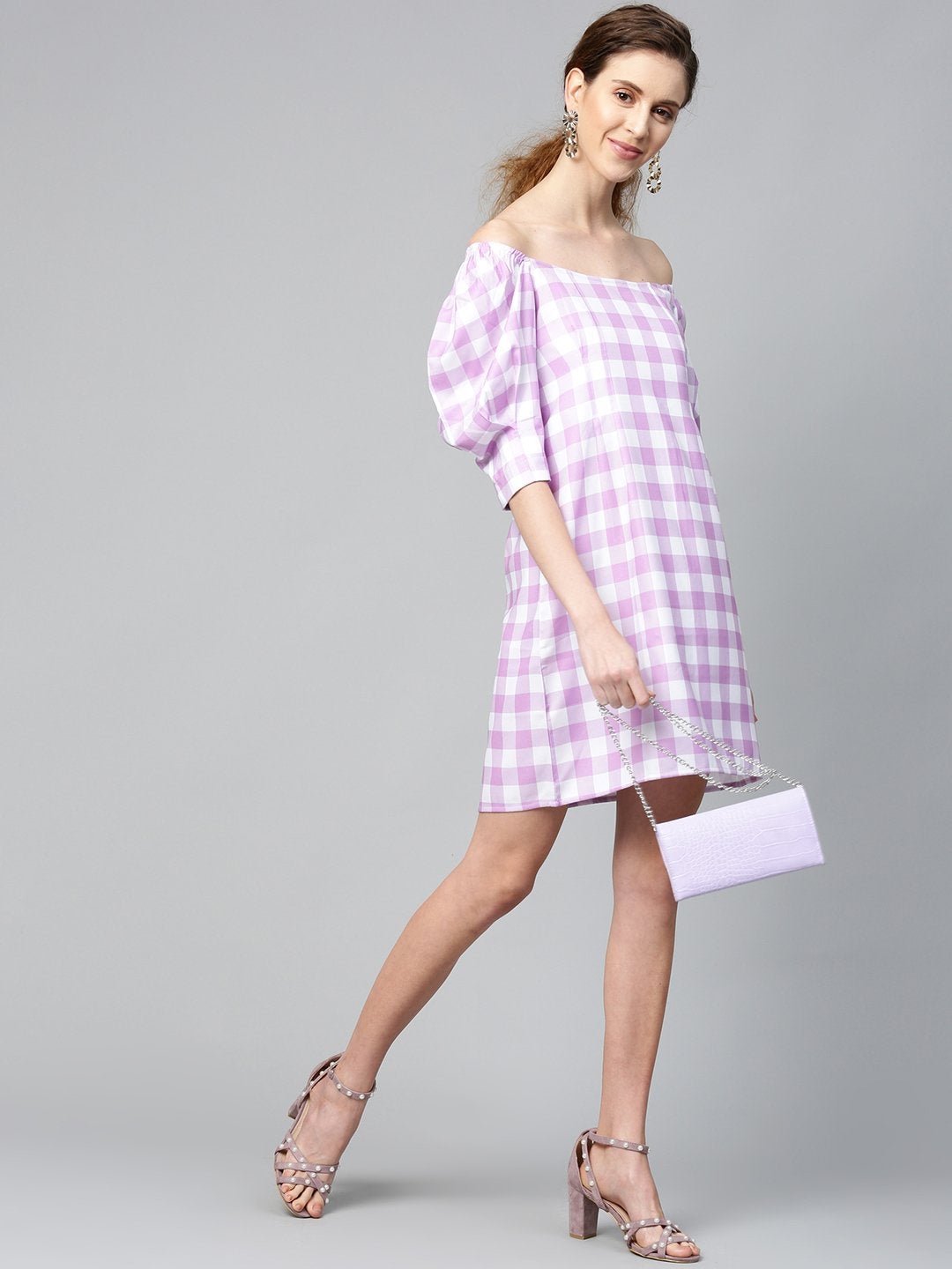 Women's Lavender Check & White Puff Sleeve Shift Dress - SASSAFRAS
