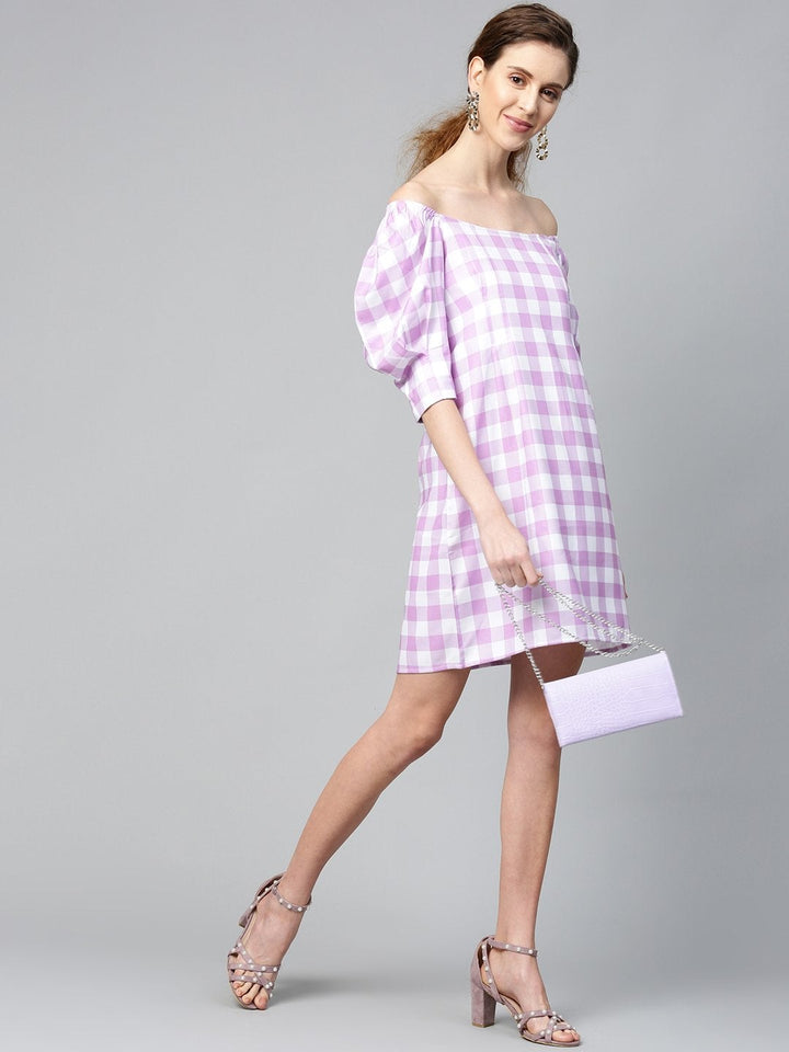 Women's Lavender Check & White Puff Sleeve Shift Dress - SASSAFRAS