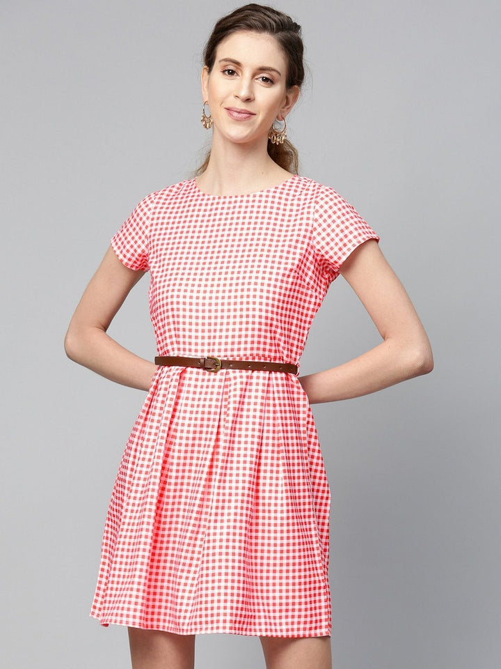 Women's Red & White Check Skater Dress - SASSAFRAS