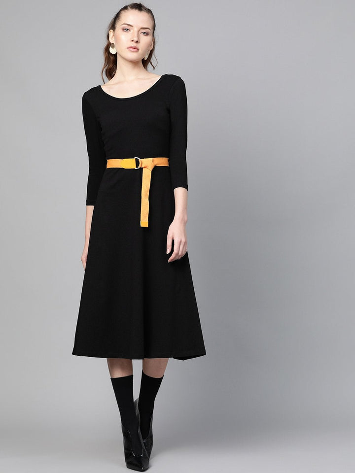Women's Black Skater Belted Midi Dress - SASSAFRAS