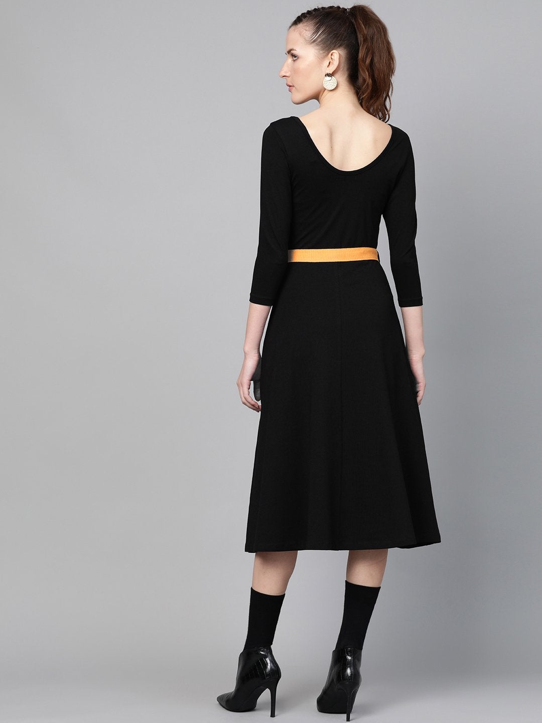 Women's Black Skater Belted Midi Dress - SASSAFRAS