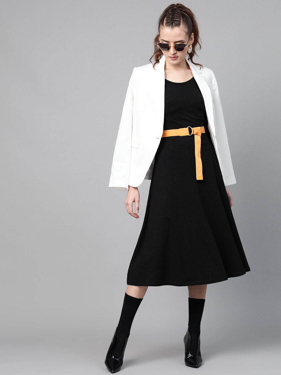 Women's Black Skater Belted Midi Dress - SASSAFRAS