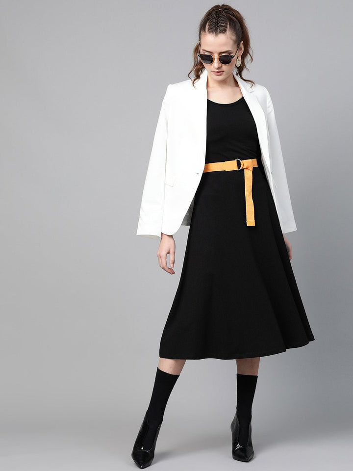 Women's Black Skater Belted Midi Dress - SASSAFRAS