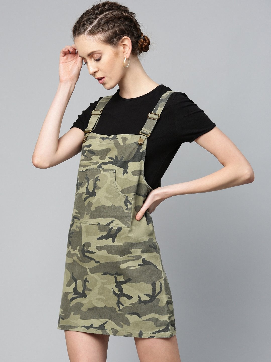 Women's Green Camouflage Twill Pinafore Dress - SASSAFRAS