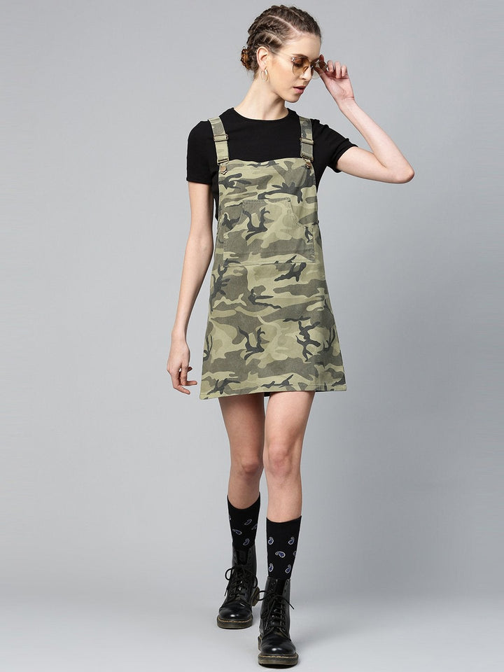 Women's Green Camouflage Twill Pinafore Dress - SASSAFRAS