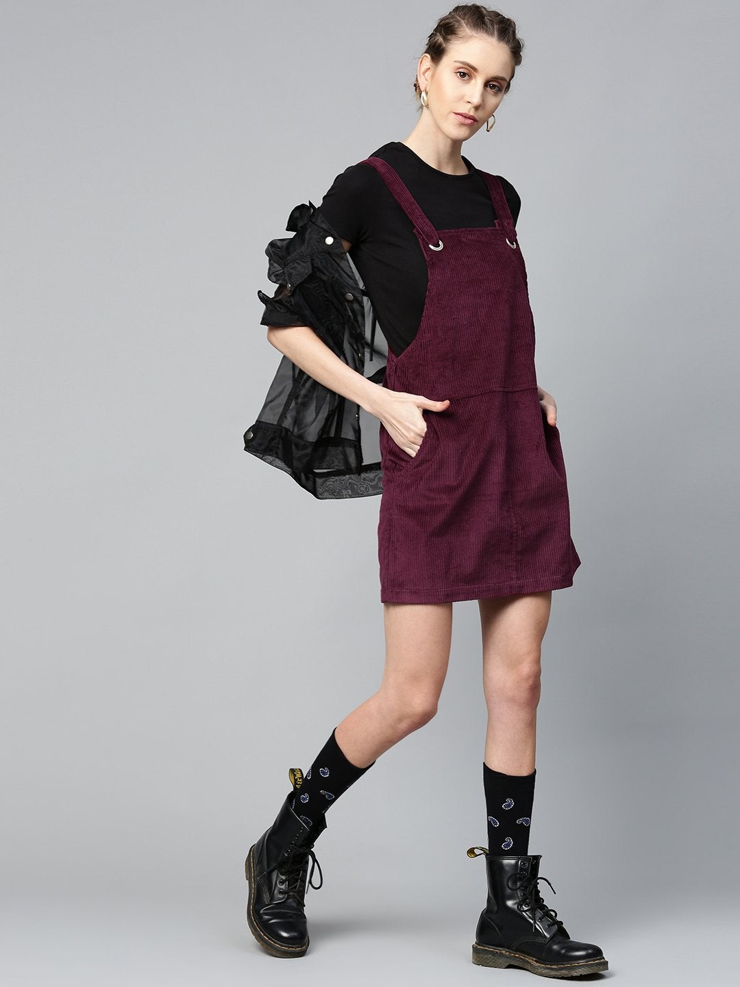 Women's Burgundy Corduroy Pinafore Dress - SASSAFRAS