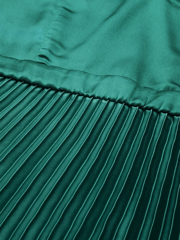 Women's Green Satin V-Neck Pleated Midi Dress - SASSAFRAS