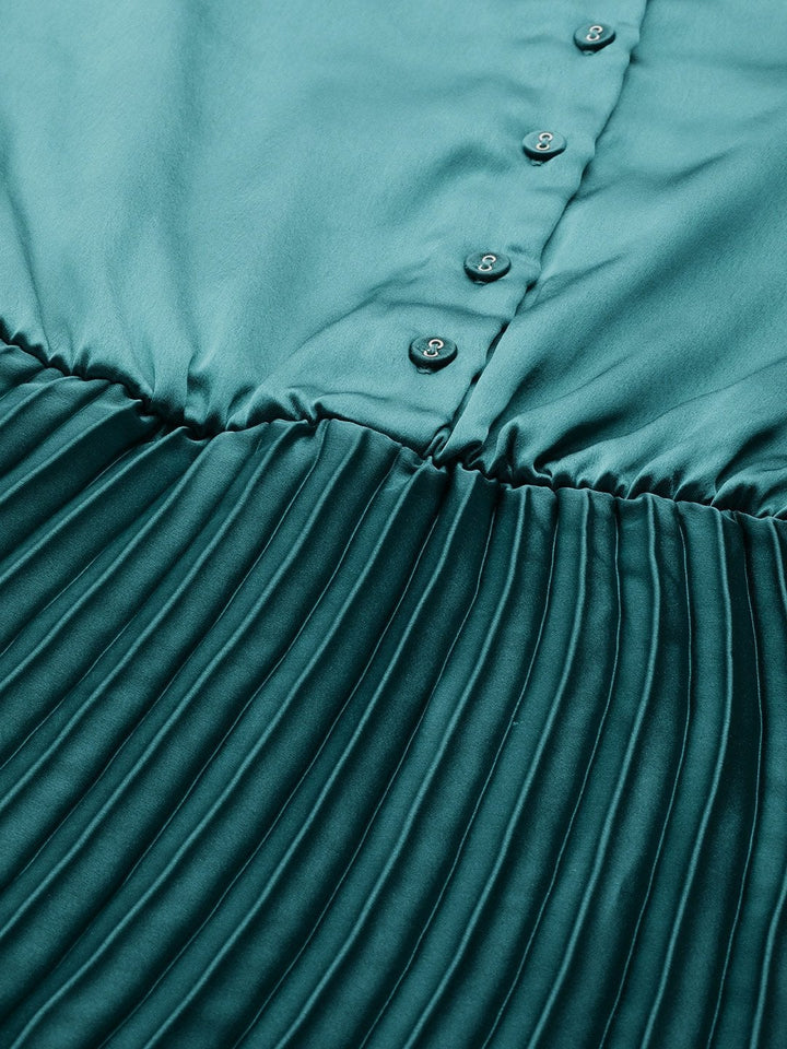 Women's Green Pleated Midi Satin Dress - SASSAFRAS
