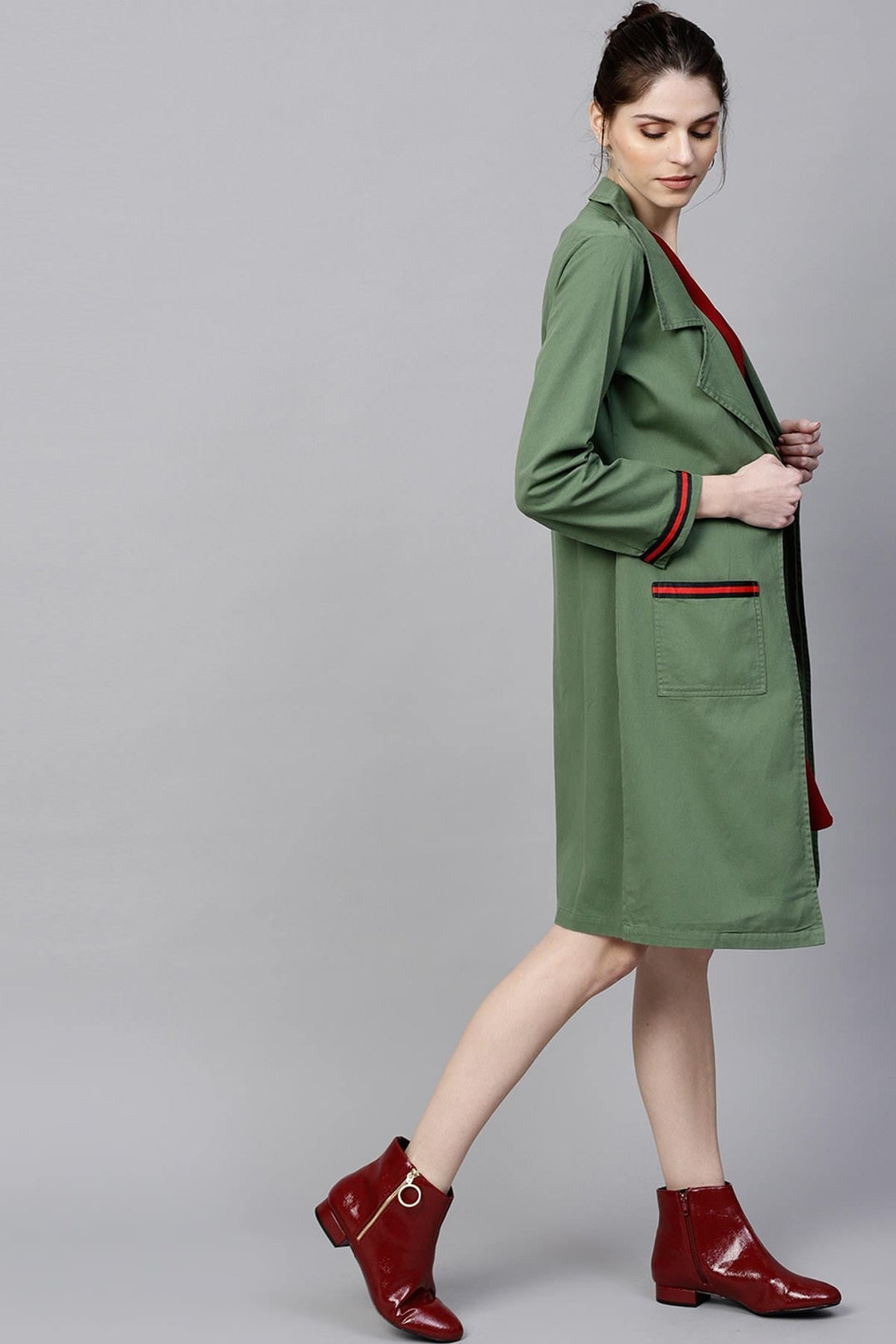 Women's Olive Denim Long Shrug With Pockets - SASSAFRAS