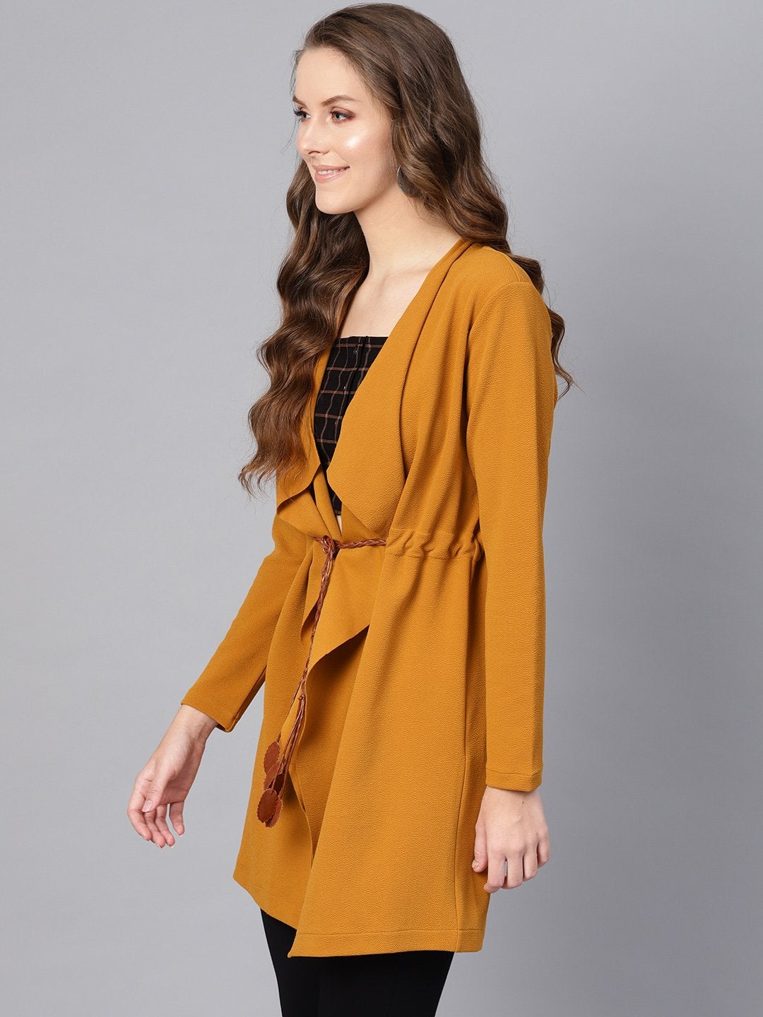 Women's Mustard Waterfall Shrug With Pu Tie Belt - SASSAFRAS