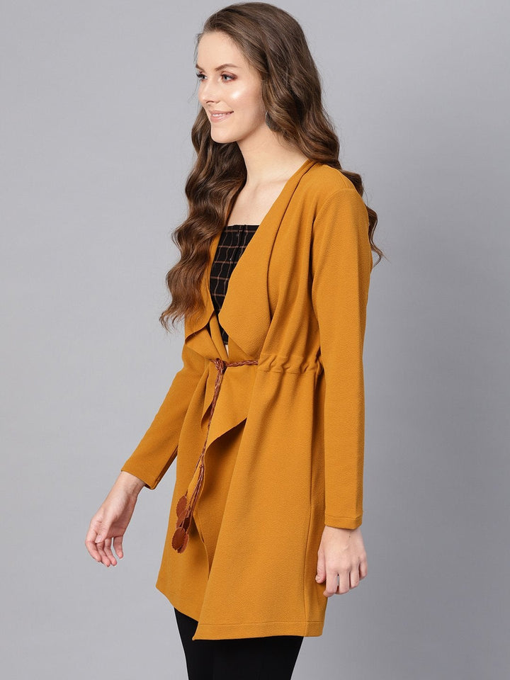 Women's Mustard Waterfall Shrug With Pu Tie Belt - SASSAFRAS