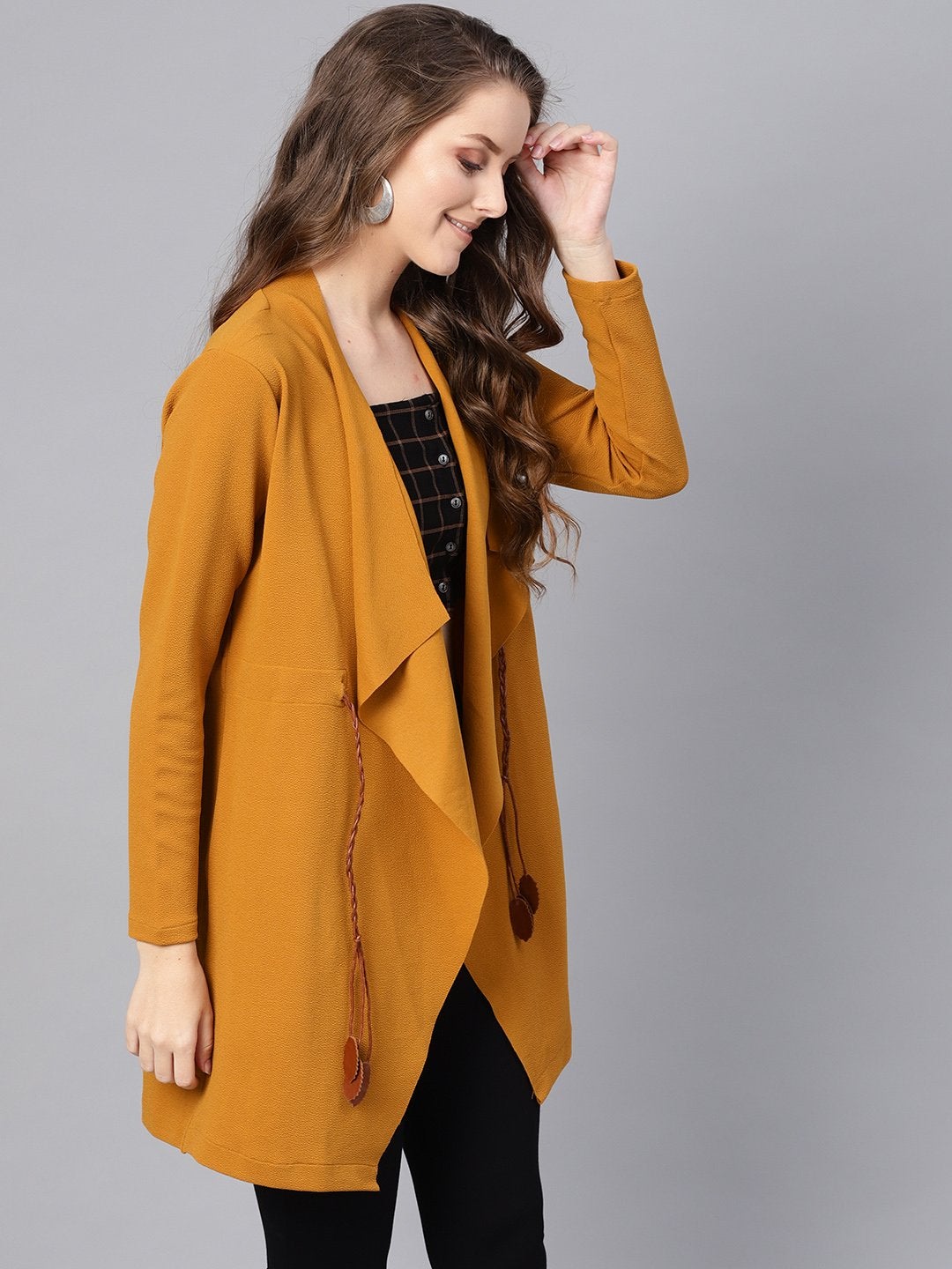 Women's Mustard Waterfall Shrug With Pu Tie Belt - SASSAFRAS
