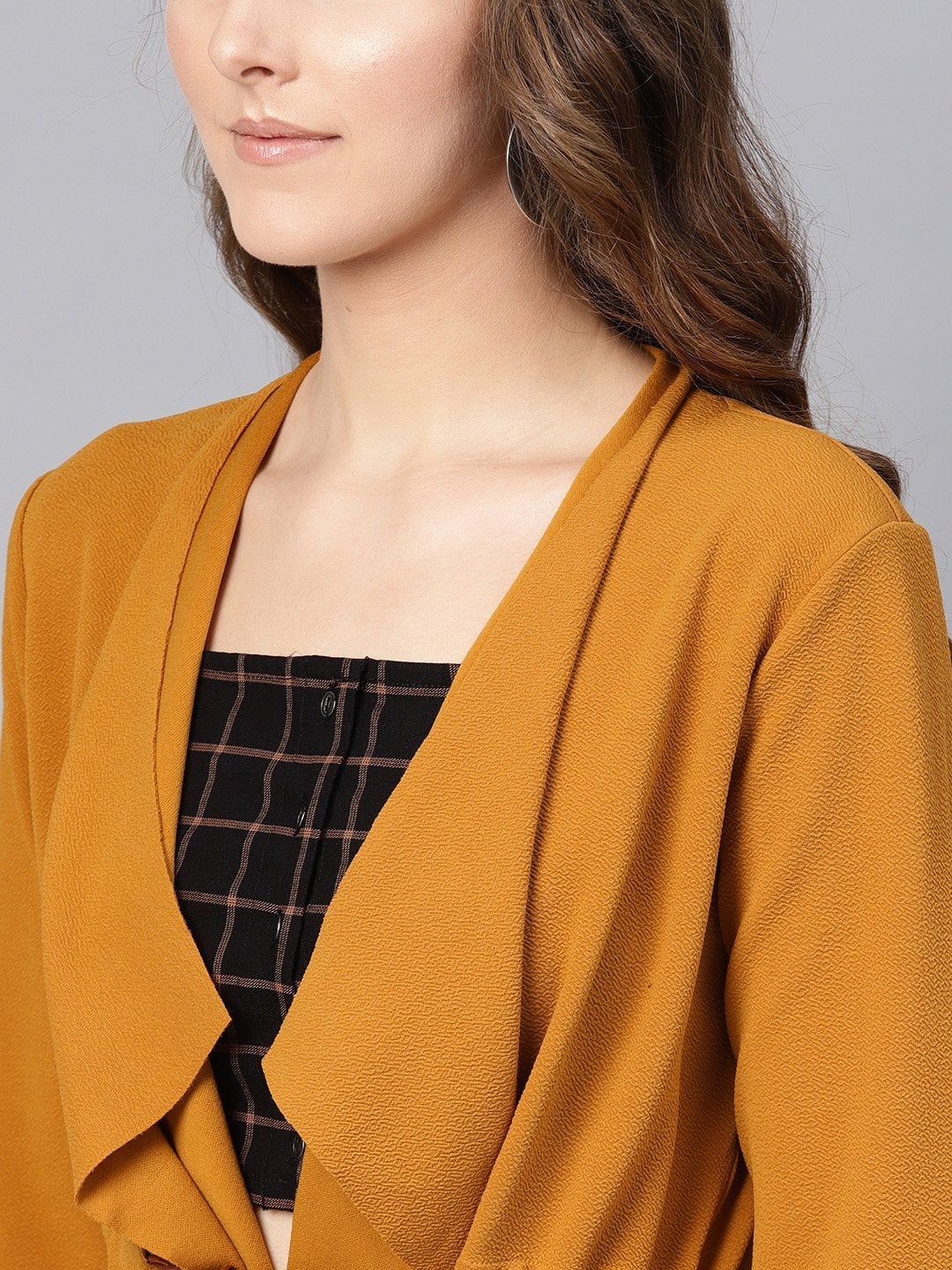 Women's Mustard Waterfall Shrug With Pu Tie Belt - SASSAFRAS