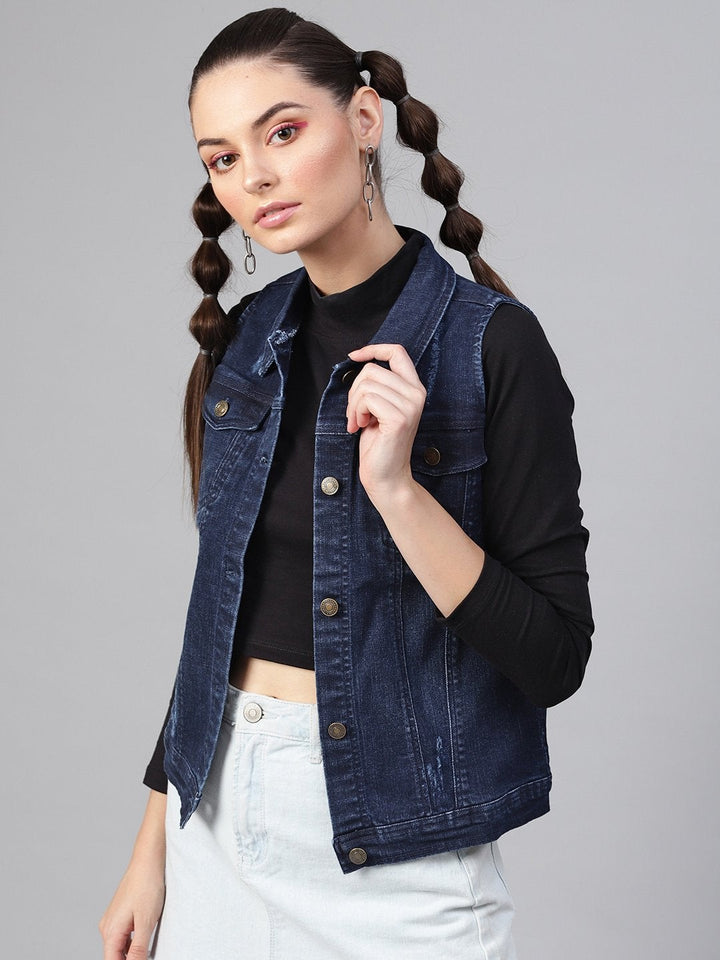 Women's Navy Denim Distressed Waistcoat - SASSAFRAS