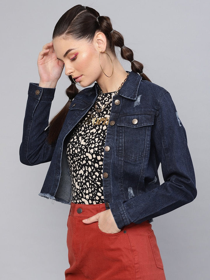 Women's Dark Blue Denim Distressed Jacket - SASSAFRAS