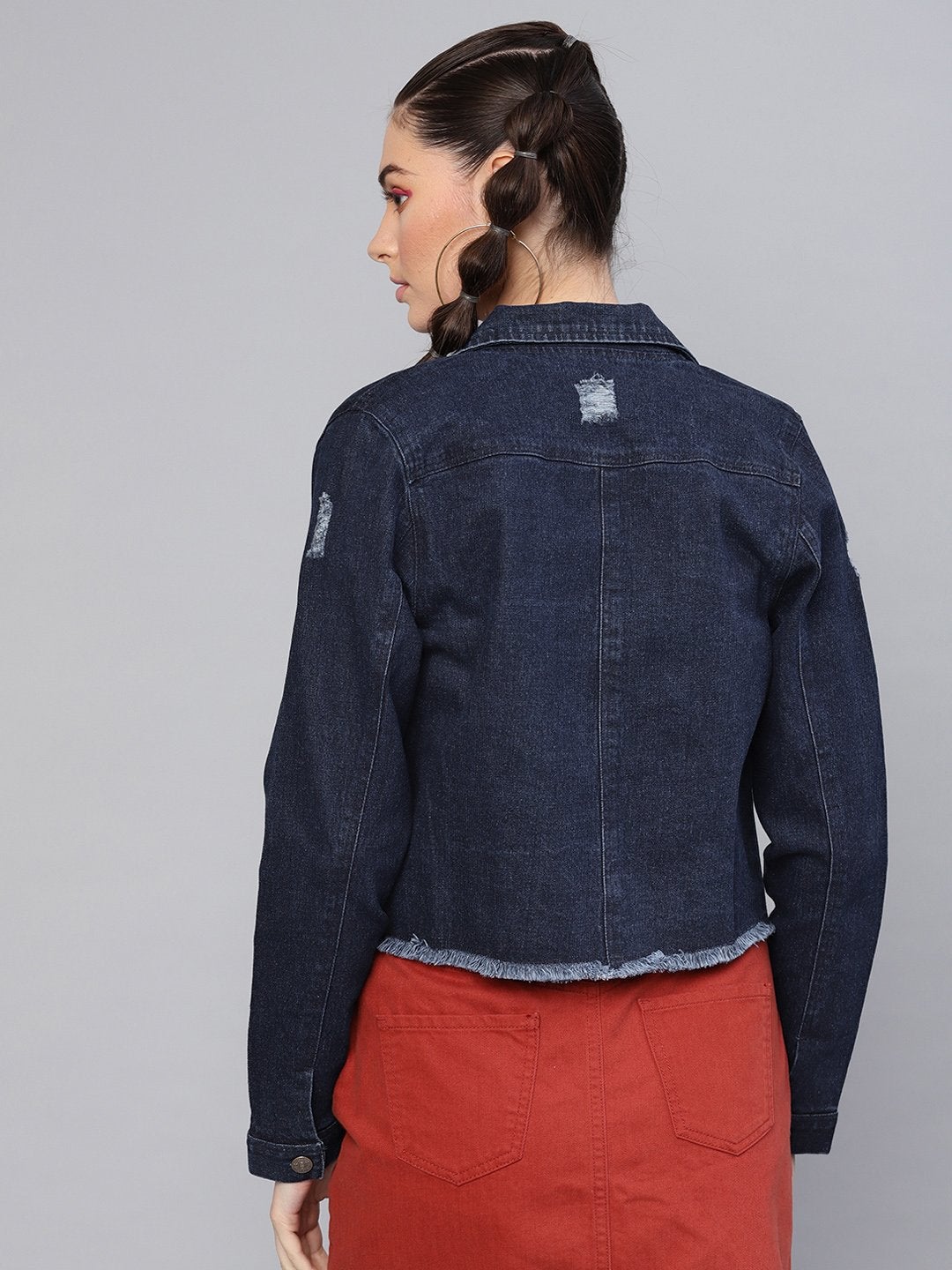 Women's Dark Blue Denim Distressed Jacket - SASSAFRAS
