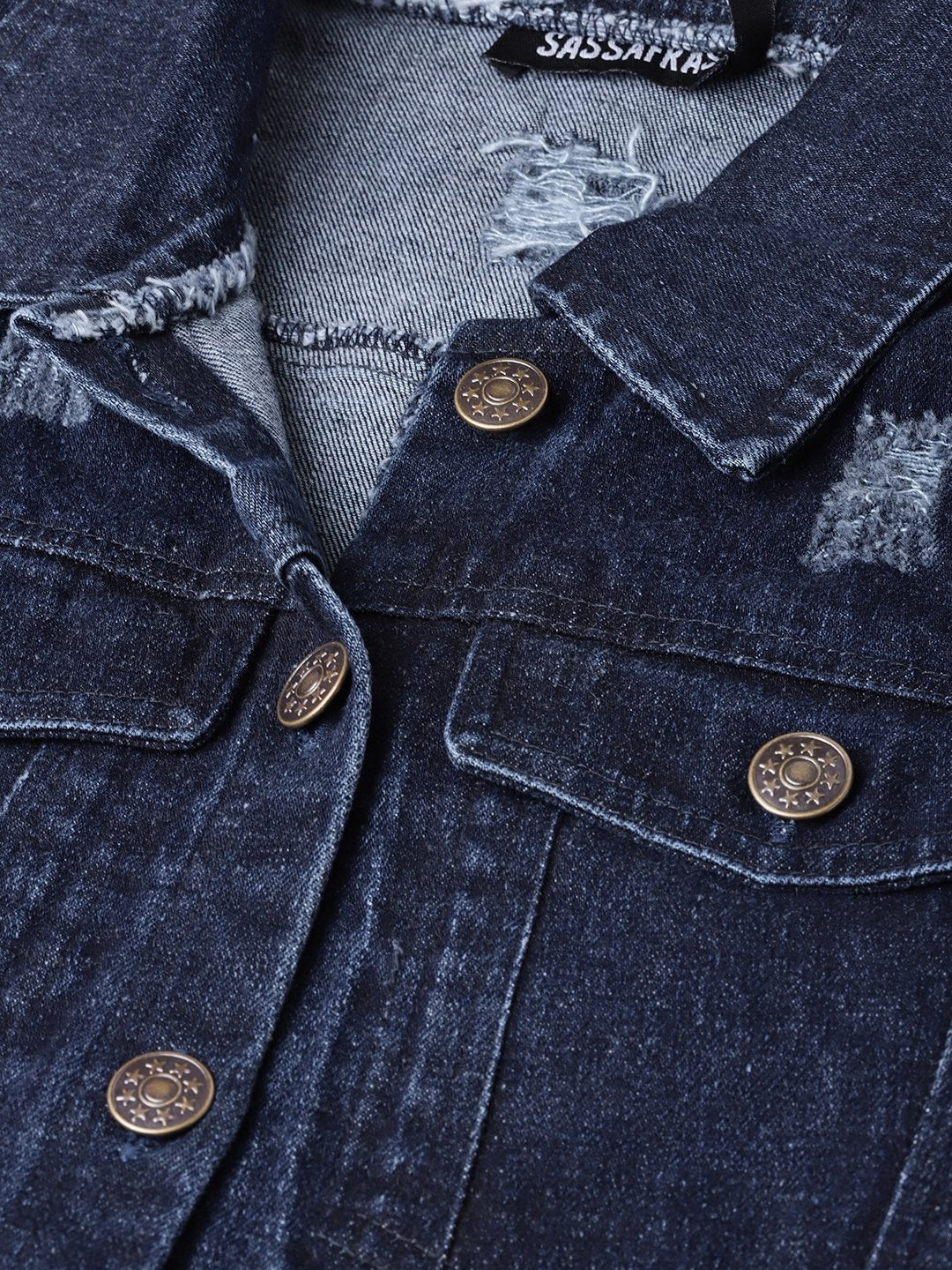 Women's Dark Blue Denim Distressed Jacket - SASSAFRAS