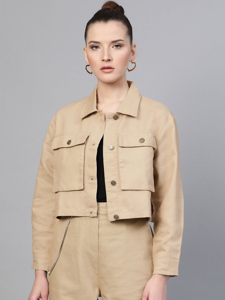 Women's Beige Boxy Denim Jacket - SASSAFRAS