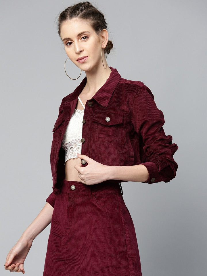 Women's Burgundy Corduroy Boxy Jacket - SASSAFRAS
