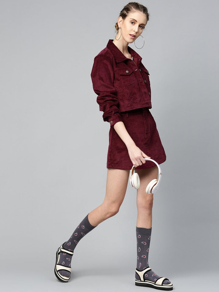 Women's Burgundy Corduroy Boxy Jacket - SASSAFRAS