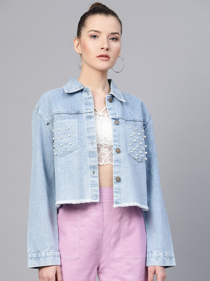 Women's Ice Blue Denim Pearl Pocket Jacket - SASSAFRAS