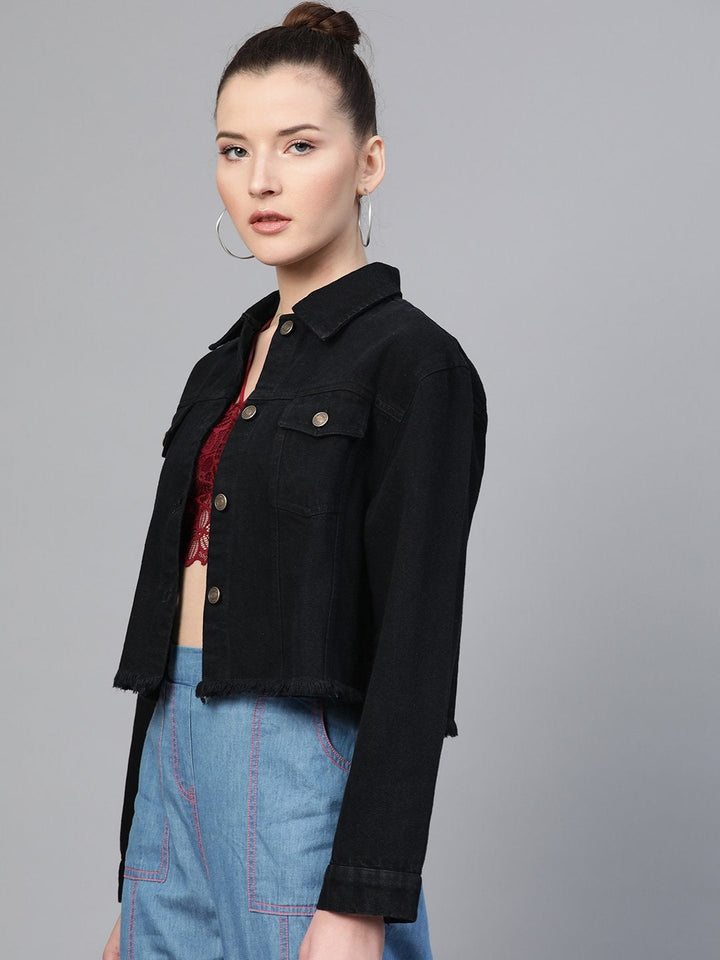 Women's Black Denim Raw Edge Jacket - SASSAFRAS