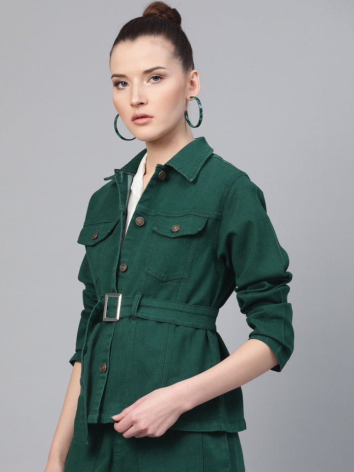 Women's Emerald Green Denim Belted Jacket - SASSAFRAS