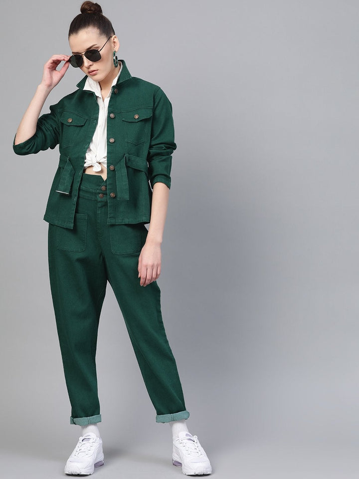 Women's Emerald Green Denim Belted Jacket - SASSAFRAS