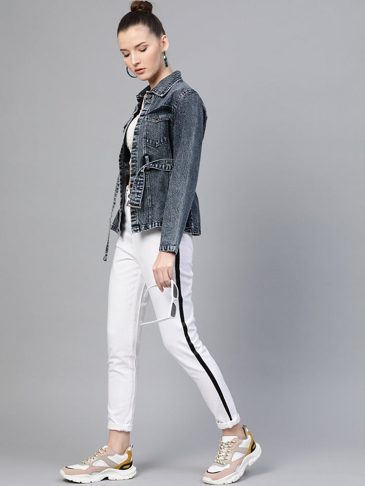 Women's Black Acid Wash Belted Denim Jacket - SASSAFRAS