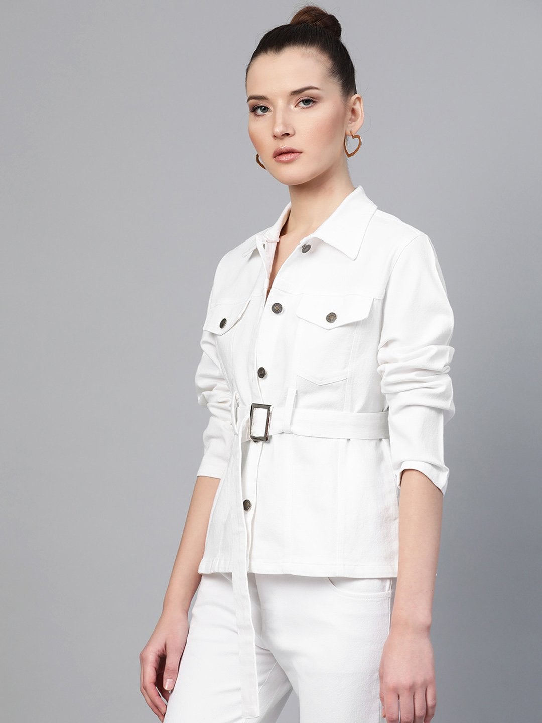 Women's White Belted Denim Jacket - SASSAFRAS