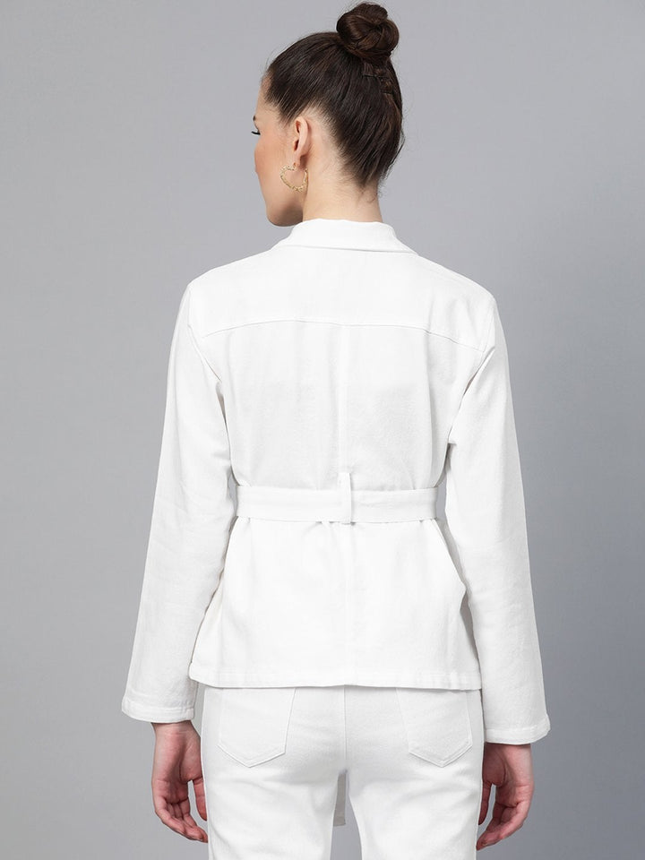 Women's White Belted Denim Jacket - SASSAFRAS
