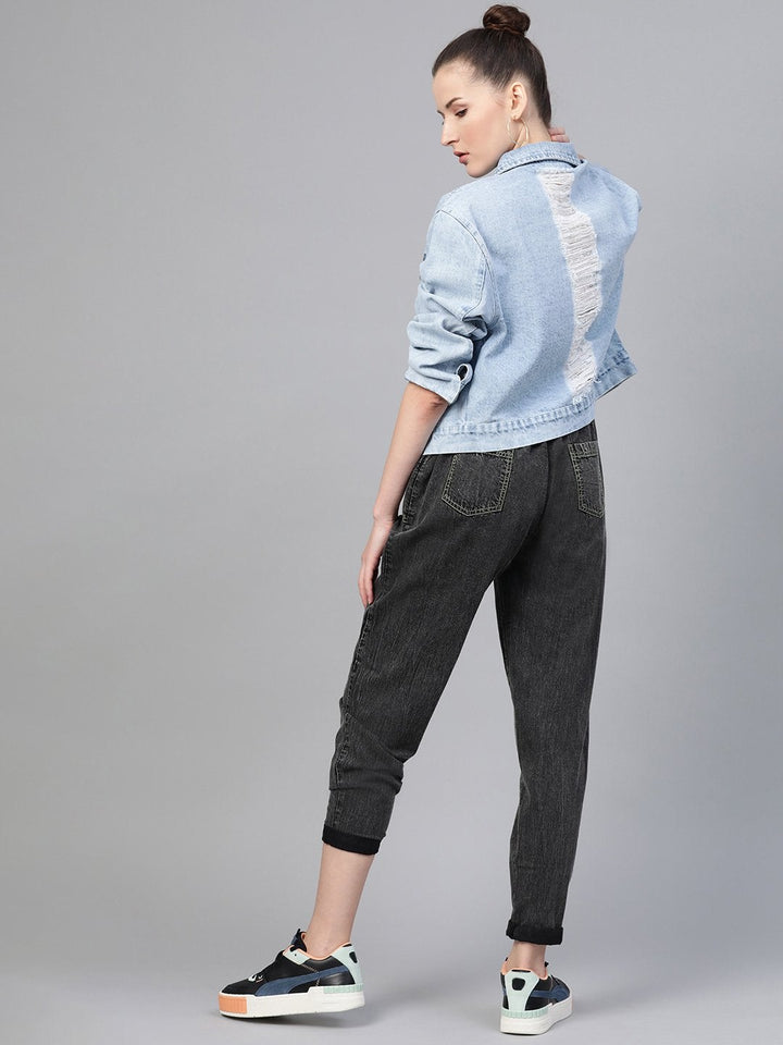 Women's Ice Blue Distress Look Denim Jacket - SASSAFRAS