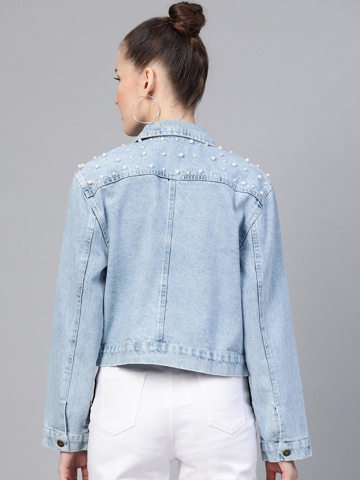 Women's Ice Blue Pearl Spead Denim Jacket - SASSAFRAS