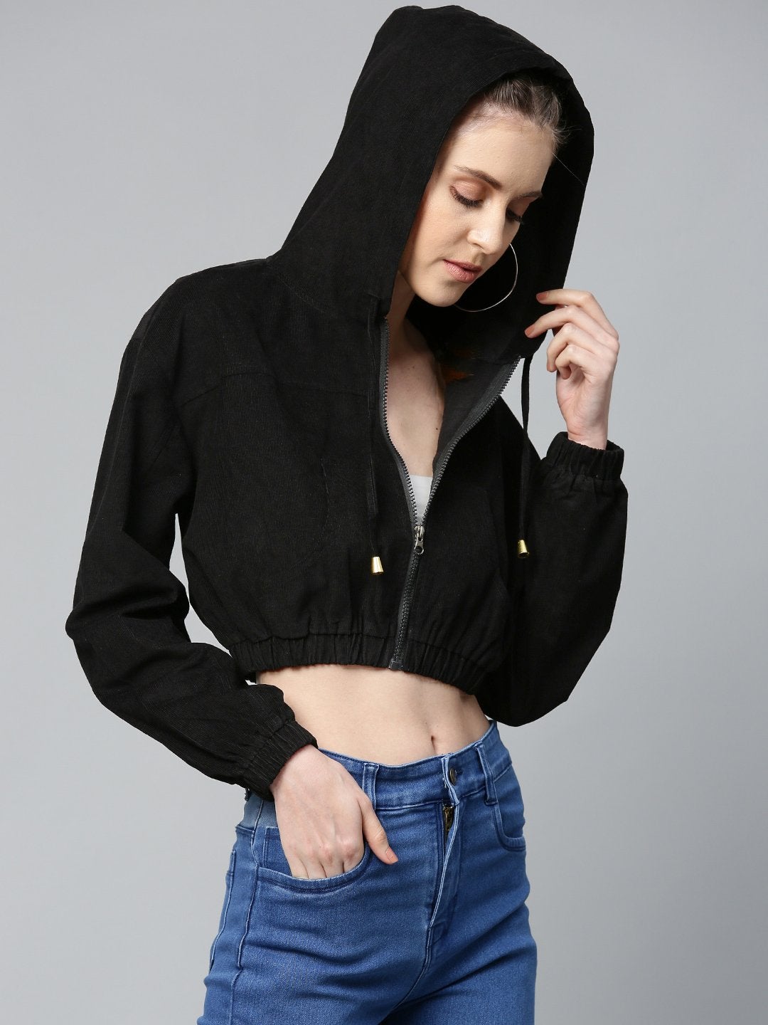Women's Black Hooded Boxy Corduroy Crop Jacket - SASSAFRAS