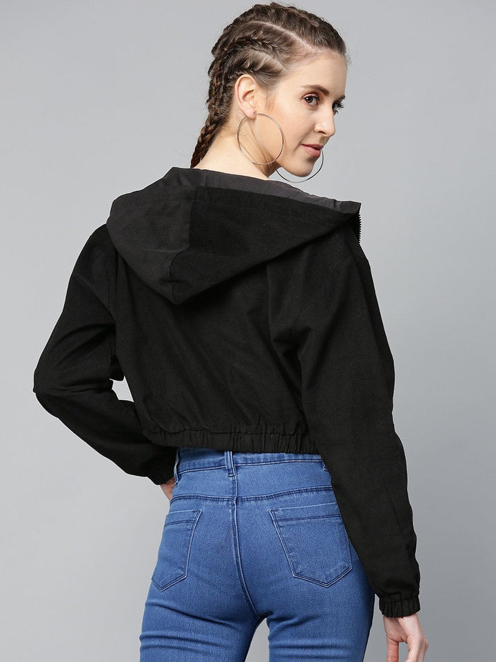 Women's Black Hooded Boxy Corduroy Crop Jacket - SASSAFRAS