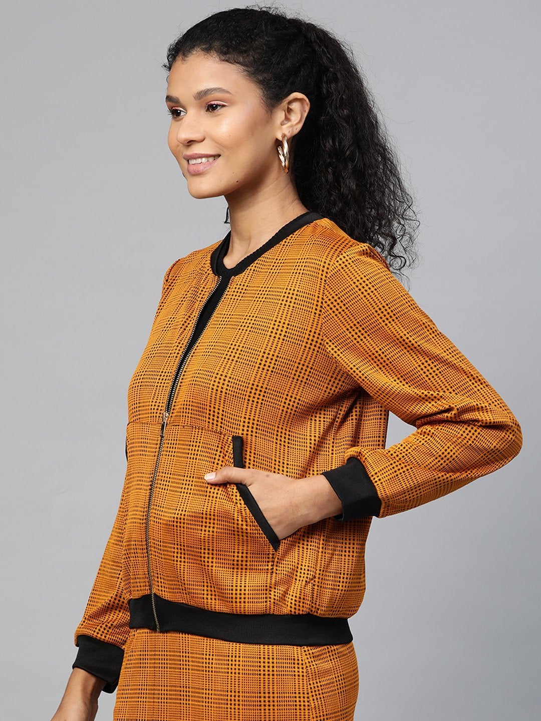 Women's Mustard Jacquard Check Bomber Jacket - SASSAFRAS