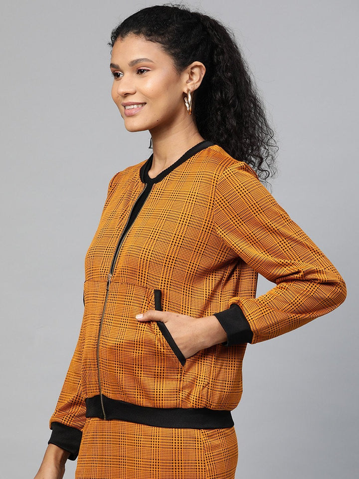 Women's Mustard Jacquard Check Bomber Jacket - SASSAFRAS
