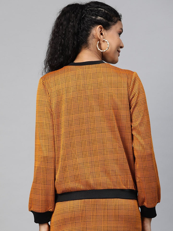 Women's Mustard Jacquard Check Bomber Jacket - SASSAFRAS