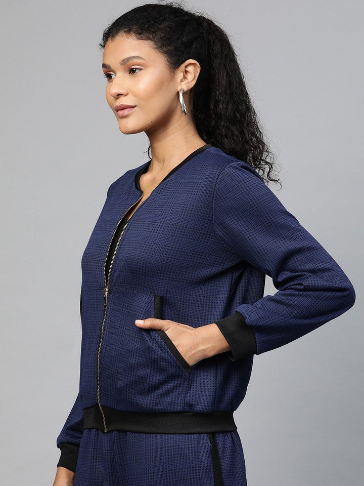 Women's Navy Jacquard Check Bomber Jacket - SASSAFRAS