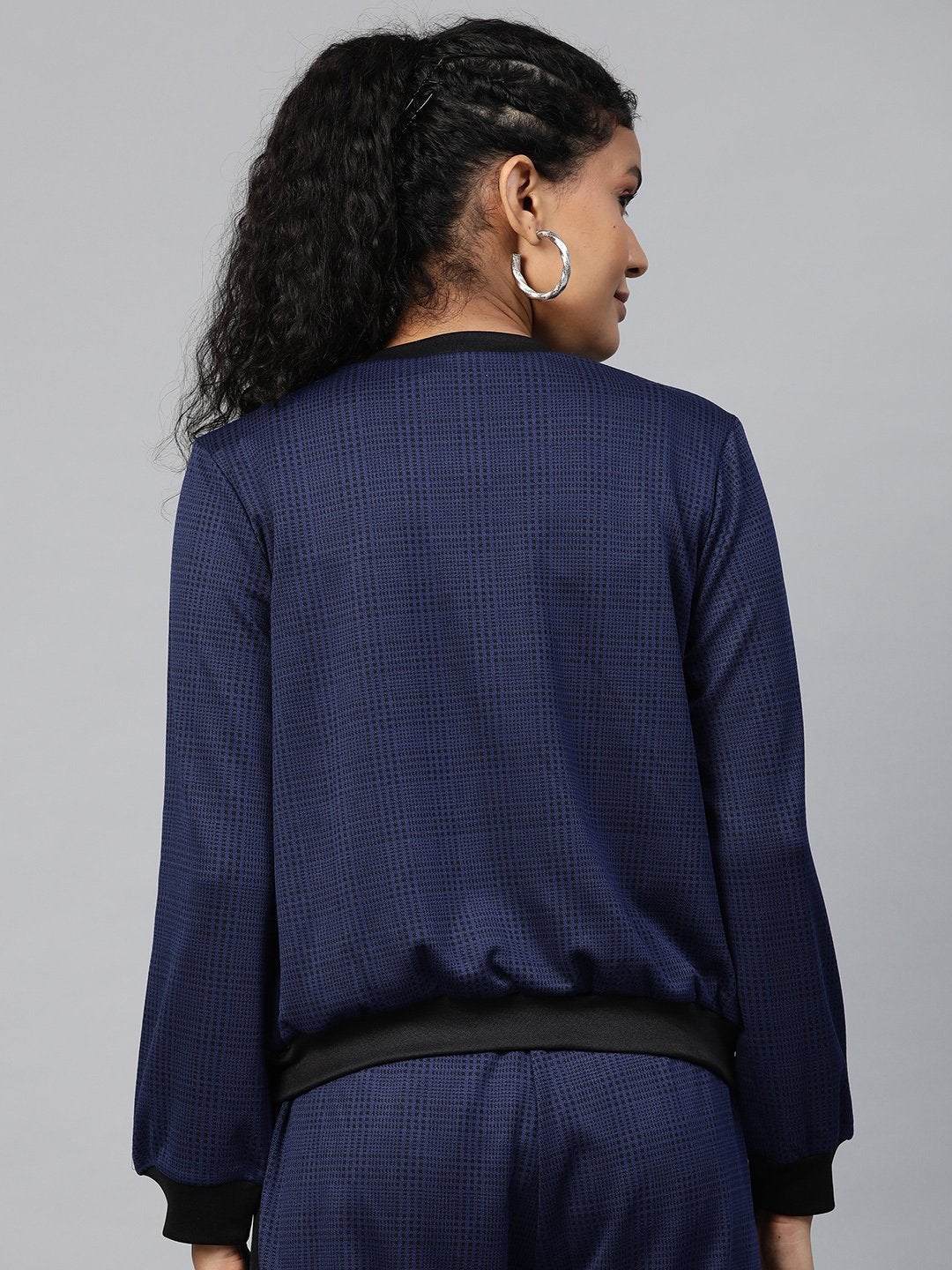 Women's Navy Jacquard Check Bomber Jacket - SASSAFRAS