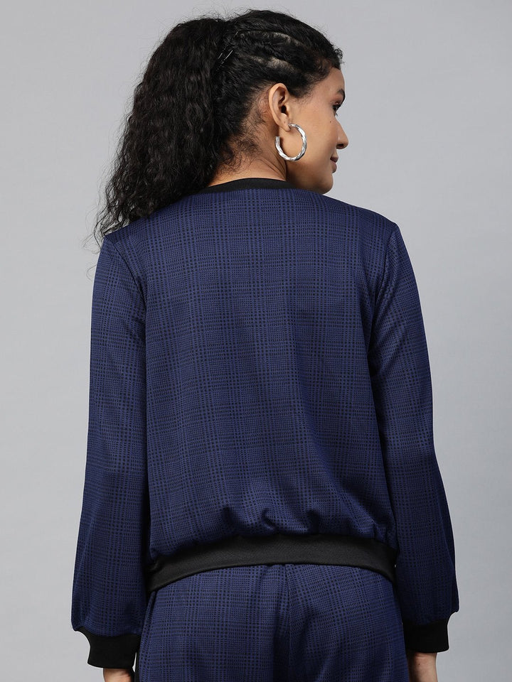 Women's Navy Jacquard Check Bomber Jacket - SASSAFRAS