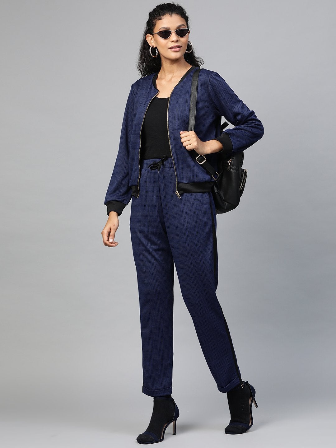 Women's Navy Jacquard Check Bomber Jacket - SASSAFRAS