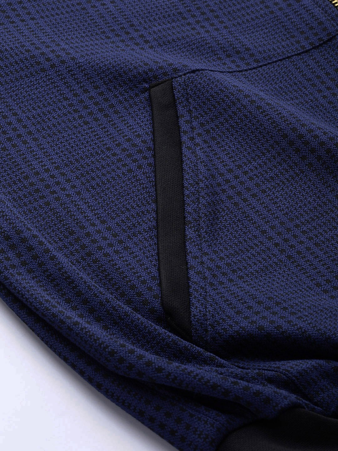 Women's Navy Jacquard Check Bomber Jacket - SASSAFRAS