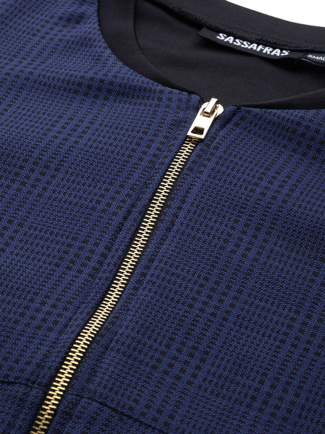 Women's Navy Jacquard Check Bomber Jacket - SASSAFRAS
