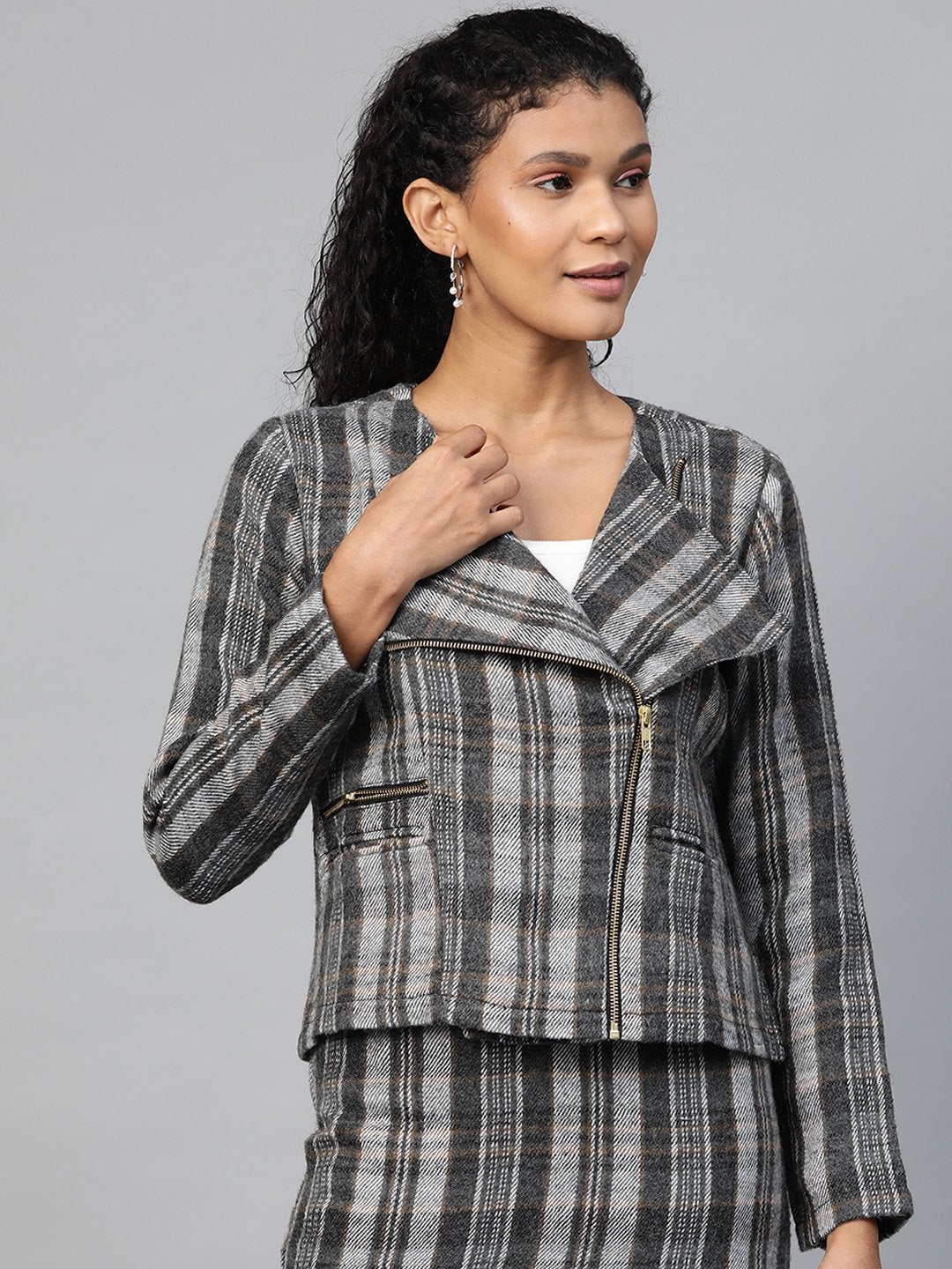 Women's Grey Check Biker Jacket - SASSAFRAS