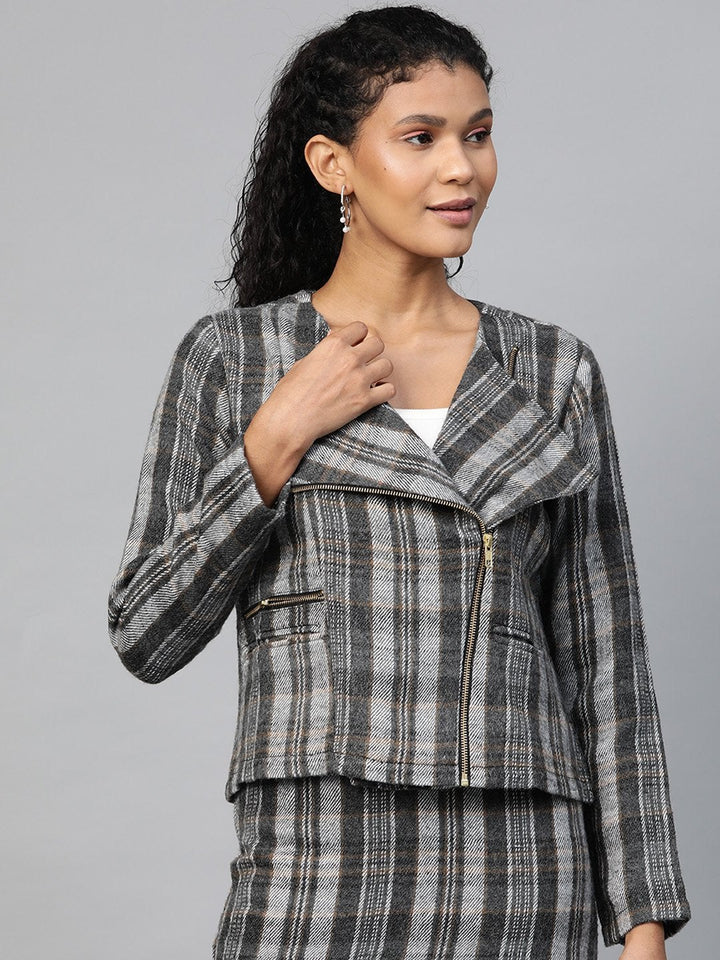 Women's Grey Check Biker Jacket - SASSAFRAS